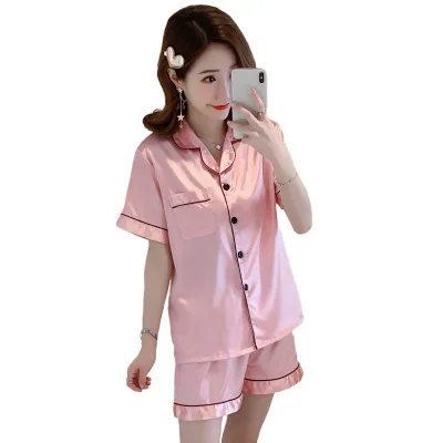 

S0095B New Arrival Summer Solid Color Cardigan V-neck Ice Silk Pajamas Two Piece Set