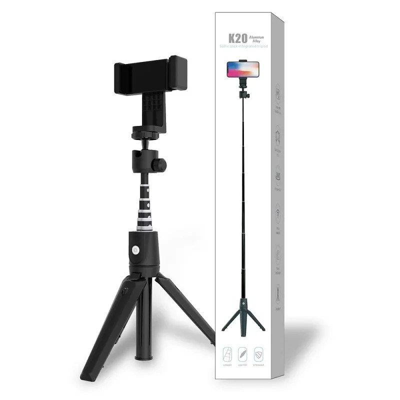 

high end aluminum tripod stand smart wireless bt selfie stick with led light K20