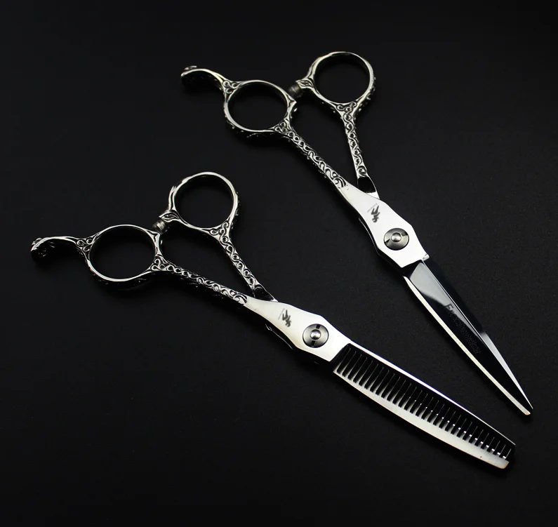 

6.0"Sale Silver Flower handle Hair Scissors Japan 440C Cheap hairdressing scissors thinning shears Hairdresser Shaver Haircut