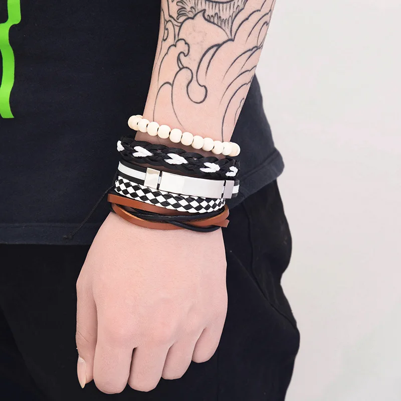 

Cowboy Braided Leather Bracelet for Men DIY Personalized Leather Beaded Cuff Wrap Bracelet Adjustable Bangle Set of 5 Pieces, Brown