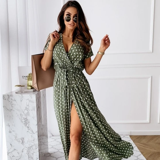 

Summer short-sleeved V-neck bohemian polka dot print dress long skirt, Multi-color