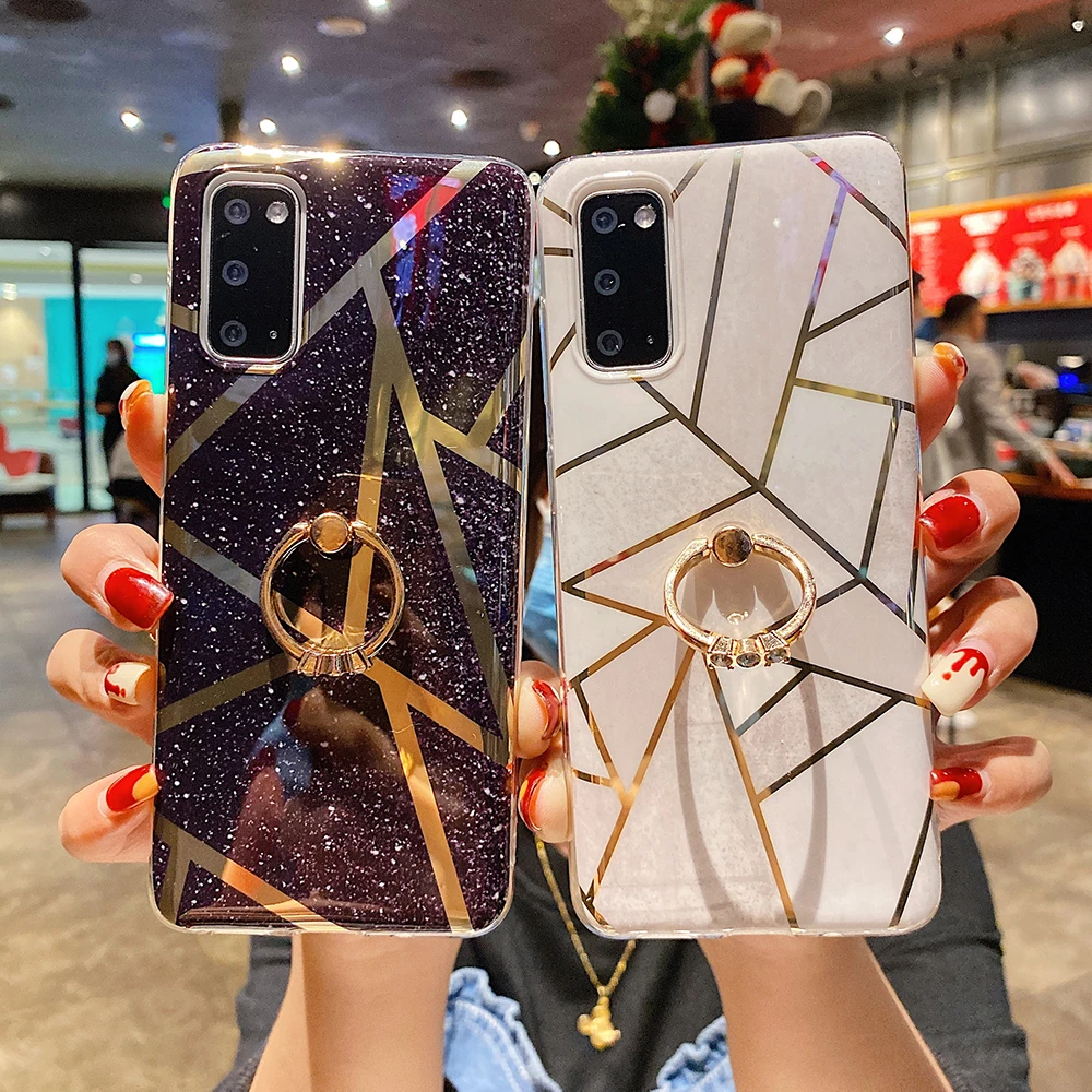 

Plating Marble Phone Case For Samsung S21 S20 FE A51 A71 A52 A72 A32 M51 S10 S9 S8 Plus Note 20 8 Ring Holder Soft Cover, As the picture