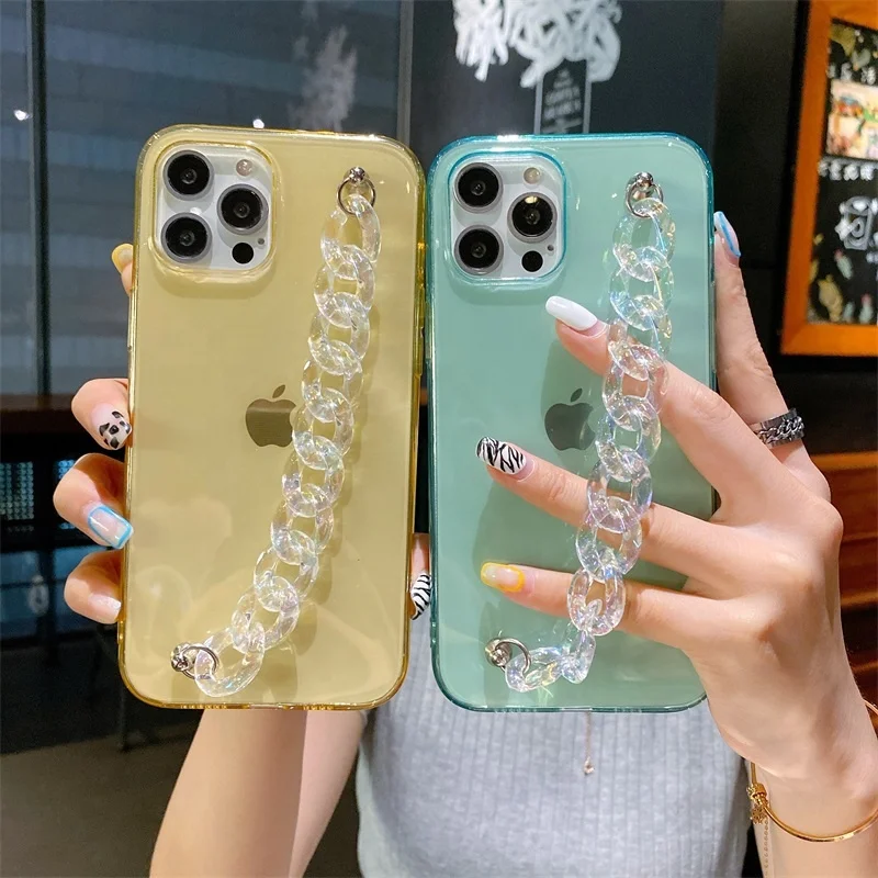

Low moq clear transparent shockproof soft tpu anti-scratch case back cover for iPhone 12 with chain strap, Transparent, multi colors