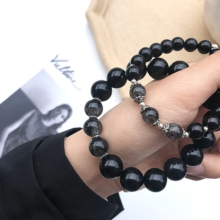 

Fashion healing stones crystals 925 silver obsidian gravity lovers bracelets for couples