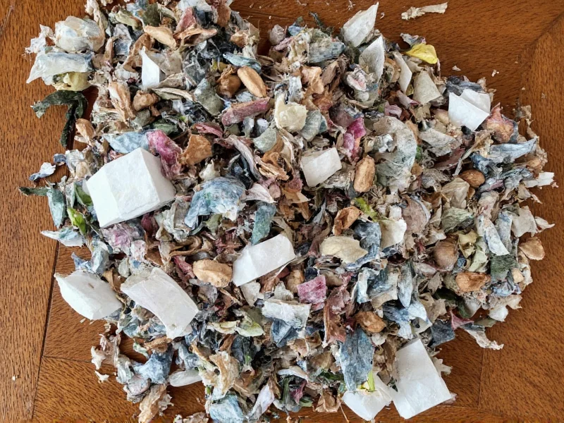 Sorted recycled materials on wooden table