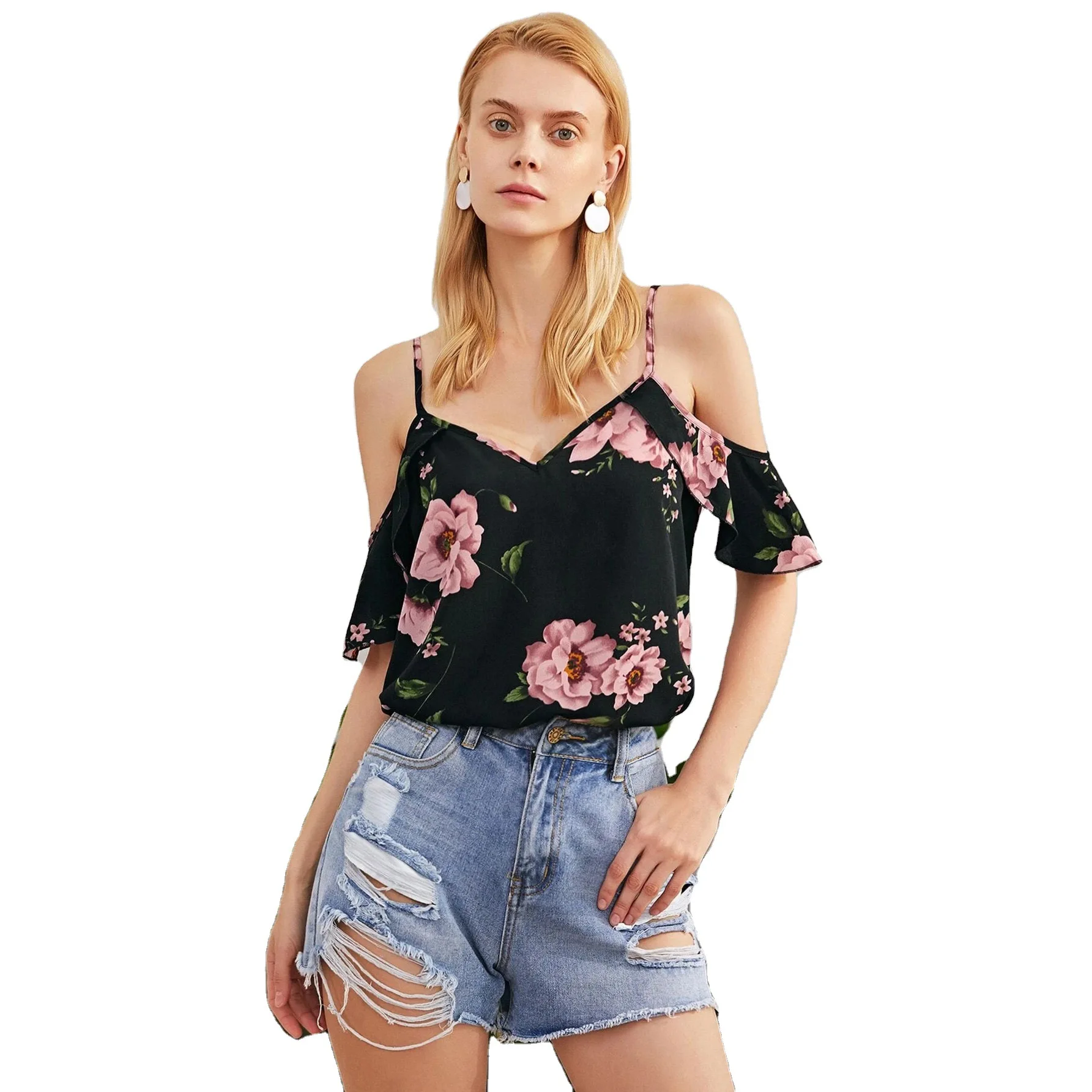 

2021 summer new ladies fashion sling plus size blouse strapless printed chiffon shirt