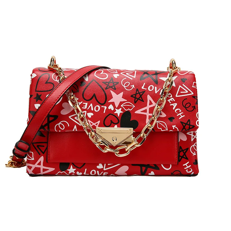 

2021 new arrivial unique lock graffiti PU leather bags shoulder crossbody chain ladies hand bag fashion purses luxury women, 4 colors