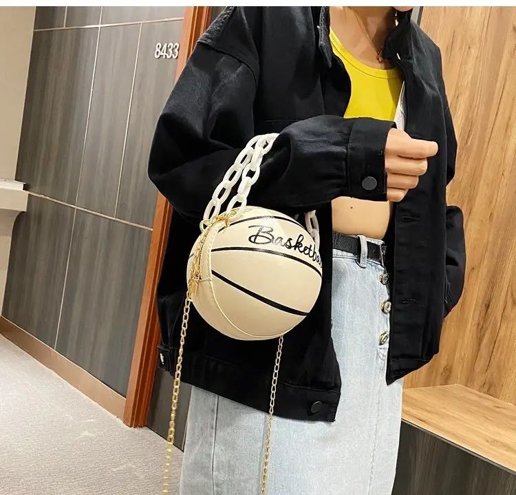 

Fashion Basketball Round Shaped Shoulder Bags for Women Acrylic Chain Casual Small Totes PU Leather Messenger Crossbody Handbags