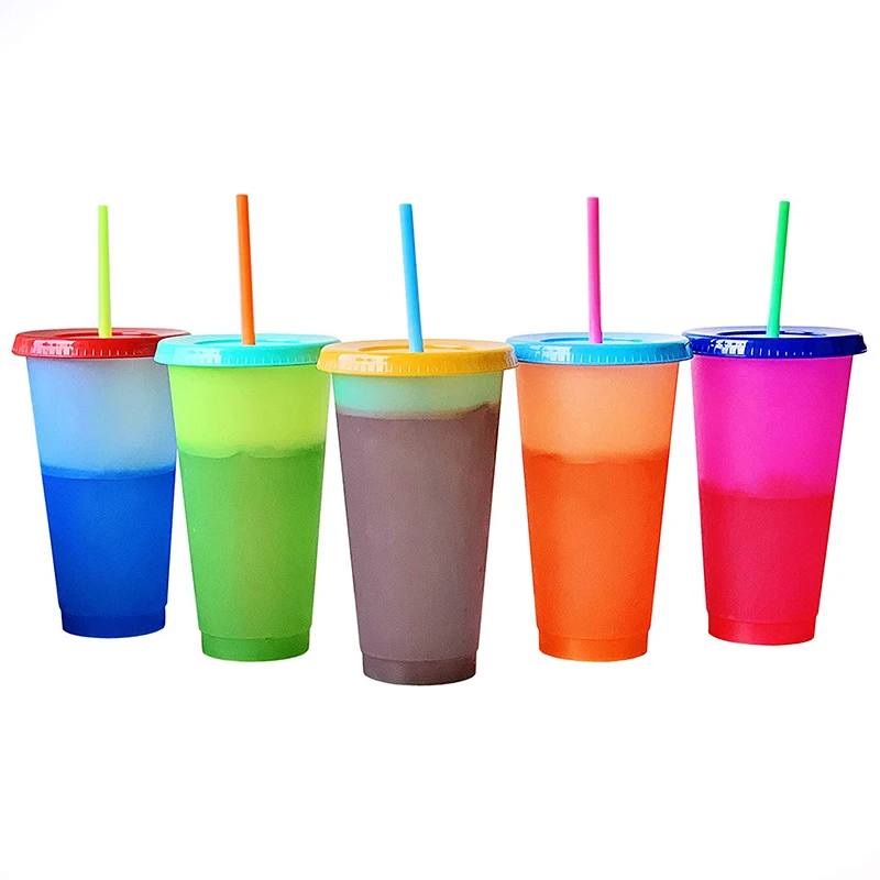 

Everich Plastic Drinking Water Tumbler With Removable Straws and Lid Temperature Color Changing Cold 24OZ Drink Cups, Customized color acceptable