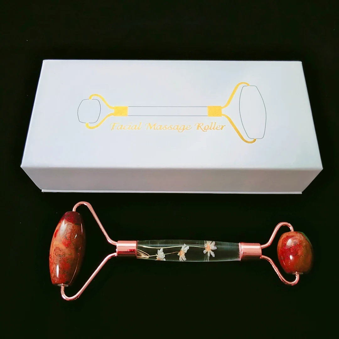 

Wholesale face silim massage double head ocean agate flower handle face massage roller with box