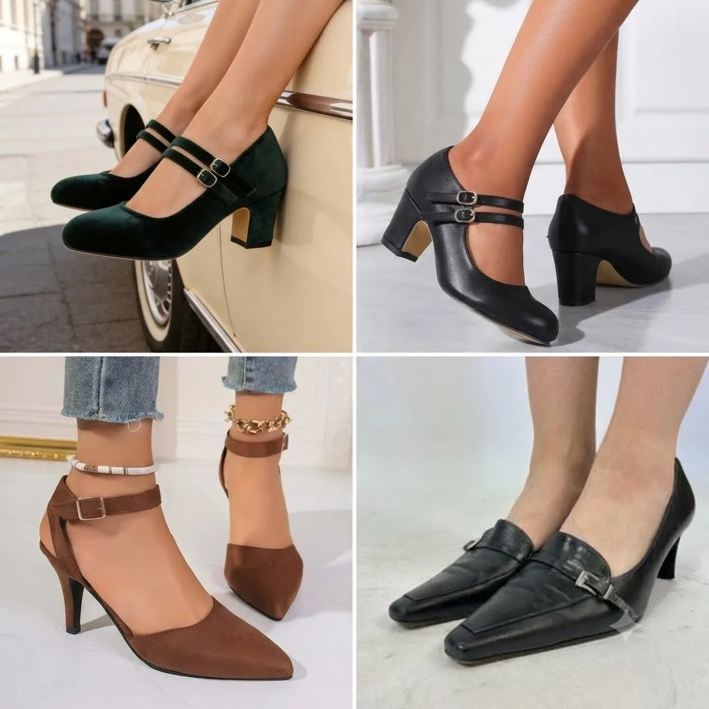 Mary Jane, ankle-strap and kitten-heel shoes with gold and silver pin buckles