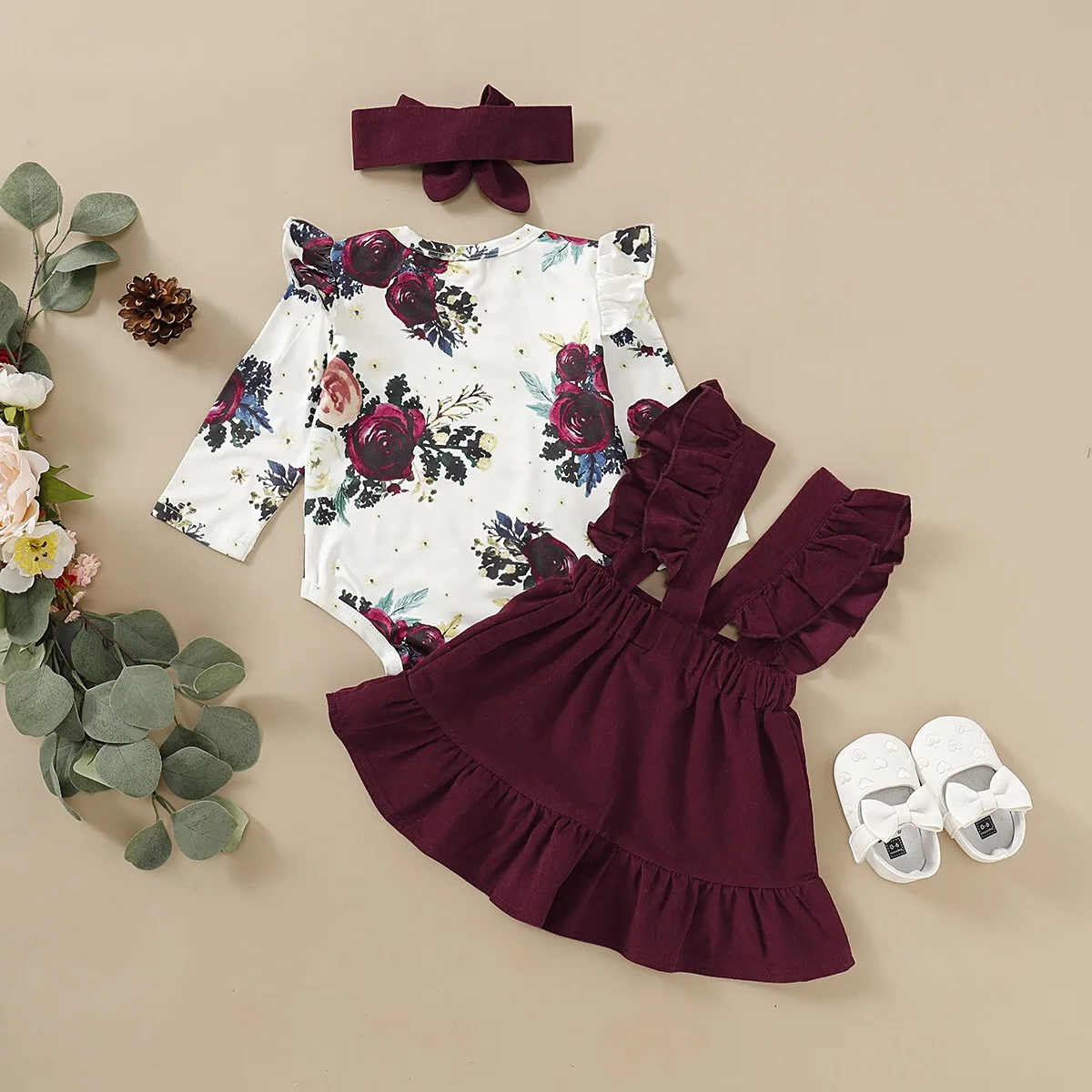 

high quality floral romper + overall skirt + headheart baby girls' clothing sets kids cloths set, Picture