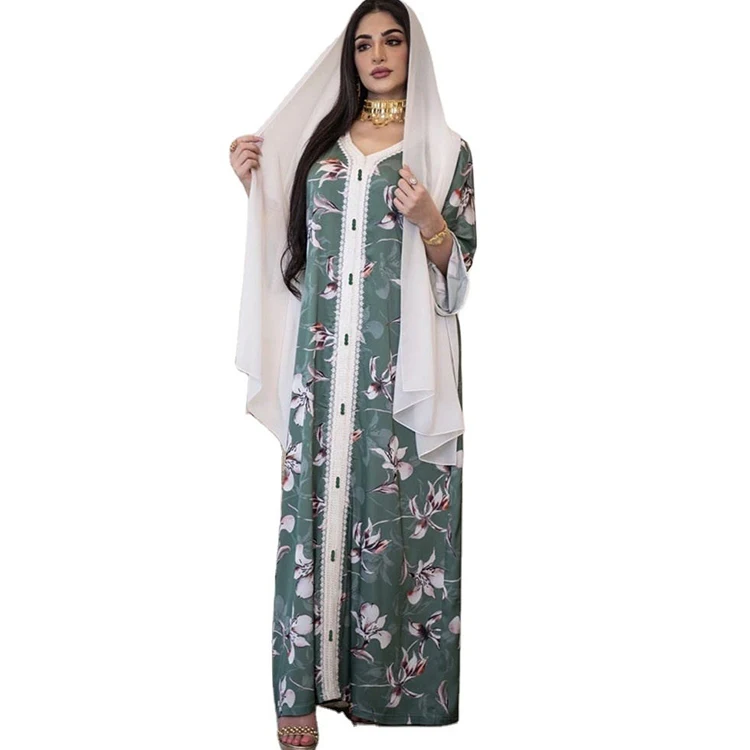 

GH-009 Kaftan Femm Islamic Abayah Long Maxi Floral Printed Women Jalabiya Abaya Dubai Muslim Dresses