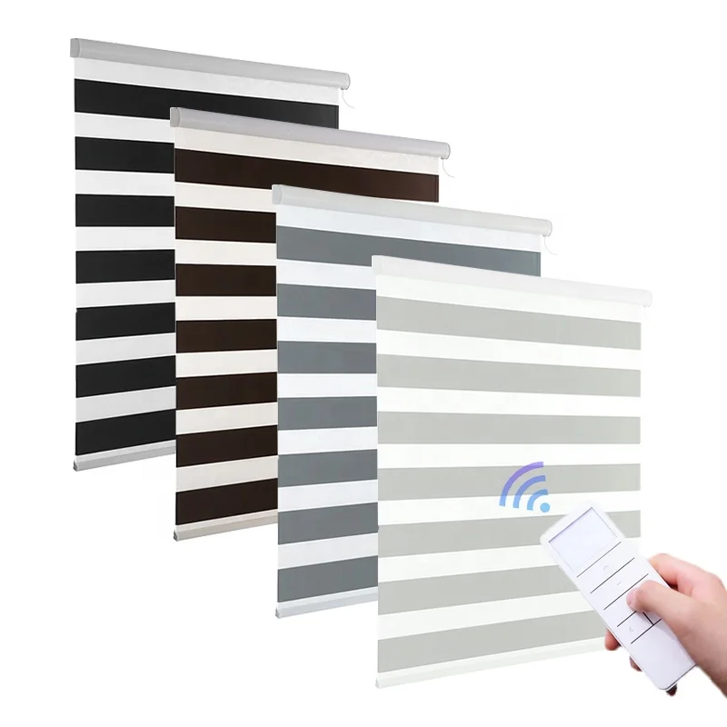 Smart Built-In Blackout Motorized Zebra Blinds with Remote Control Plain Design for French Windows