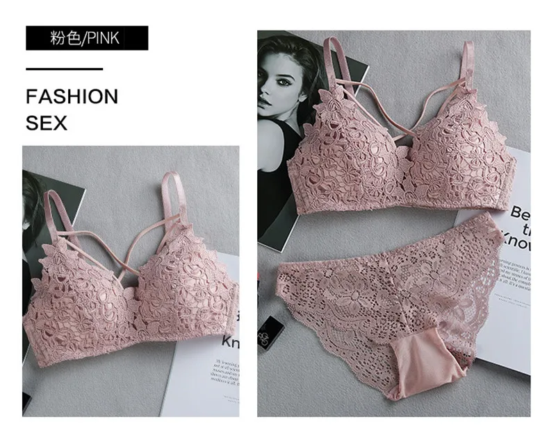 New fashion underwear women sexy thin lingerie set 3/4 Cup embroidered lace wireless sexy bra brief sets