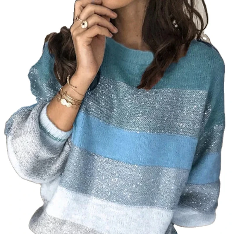 

New loose round collar sweater multicolor stitching sweater women's sweater