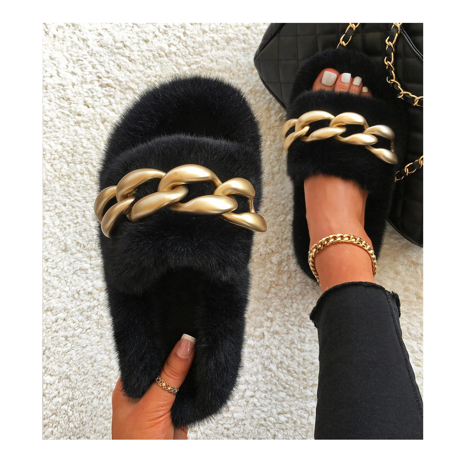 

Women Faux Fur Lined Slides Slipper Matte Gold Chain Fluffy Flip Flops Luxury Designer Slippers, All color available