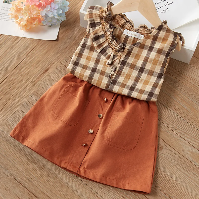 

Girls Clothing Sets Summer 2020 for 3-7Y Girl Suit New Style Kids Clothing Sets Sleeveless Plaid T-shirt Culottes