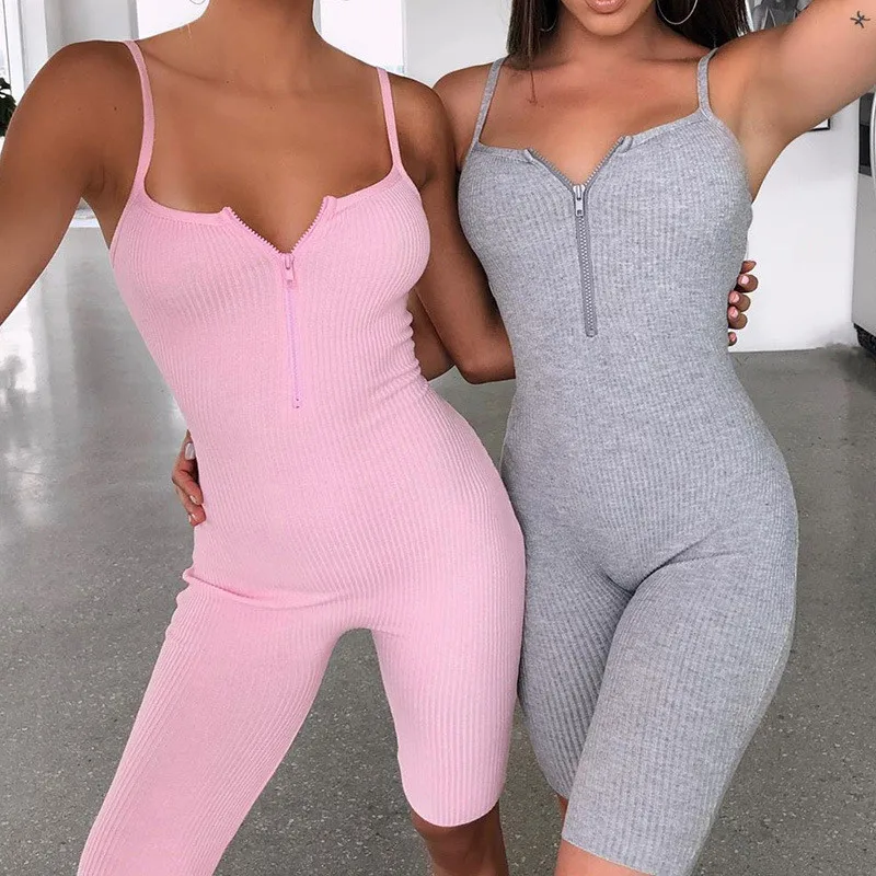 

Ribbed Fabric U Collar Zipper Bodycon Jumpsuit Sleeveless Sports Clothing Women Rompers One Piece Jumpsuits Playsuits, Customized color