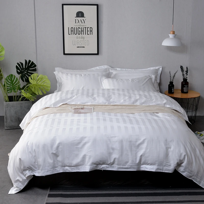 White Bedding 250 TC 100% Satin Stripe Fitted Flat Duvet Quilt Cover Pillow Case 