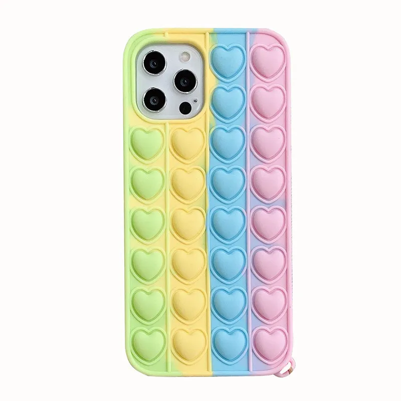 

Mgirlshe Simple Dimple Fidget Toys Phone Case 3D Soft Popper Silicone Full Protection Shockproof Cover Heart Shape Rainbow Case