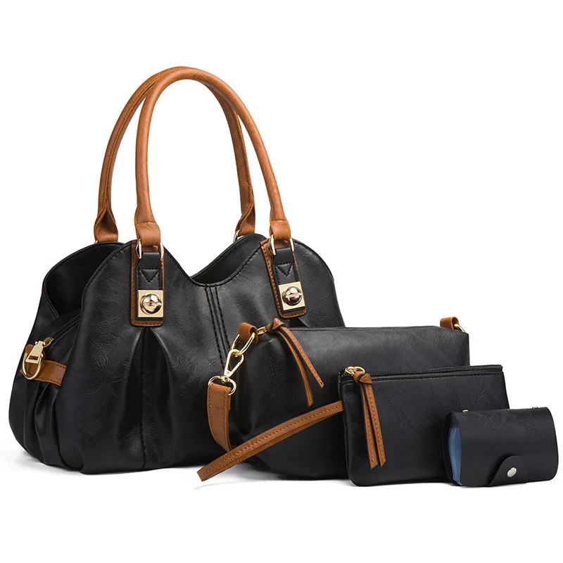 

Bags Factory China Soft PU Fashion Popular Top Handle Ladies Artificial Leather 4pcs Purse Set Black Woman Handbags Tote Bag, Black, green, brown option