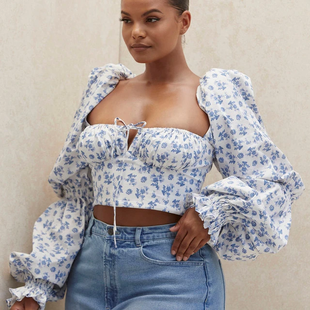 

Blue Floral Printing Corset Tops Women Clothing Plus Size Ruched Puff Long Sleeve Crop Top, As picture