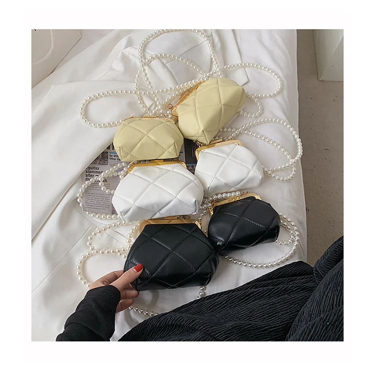 

Retro Diamond Chain Small Square Bag Shell Shaped Clip Handbags Beaded Pearl Crossbody Bags For Women Mini Lipstick Coin Purses