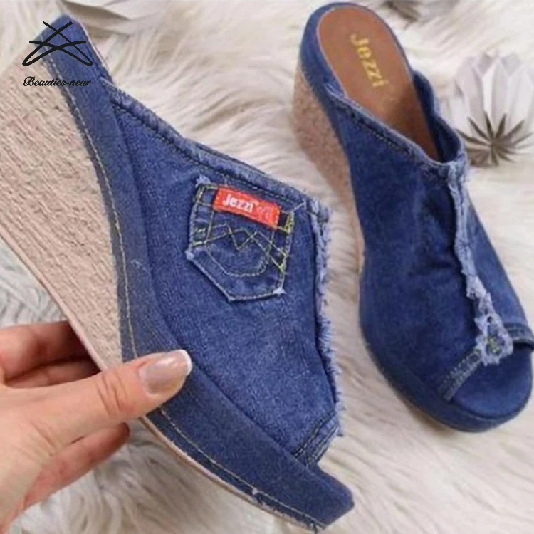 

New design fashion women denim jeans wedge high heel thick sole summer ladies slide sandal shoes slipper, Blue,black