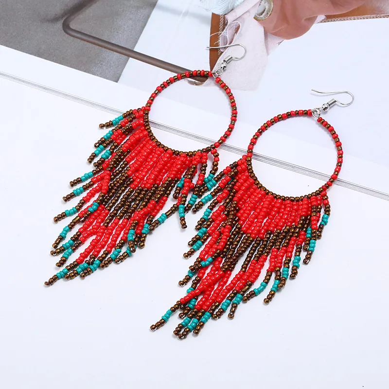

Boho Multicolor Beads Tassel Charm Drop Earrings Long Geometrical Tassel Pendants Earrings, Picture shows/custom color