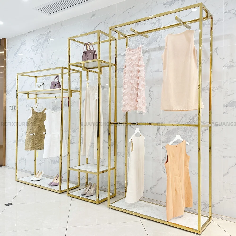 

Boutique Gold Furniture for Clothes Store Metal Display Rack for Clothing Shop Retail Commercial Clothing Racks