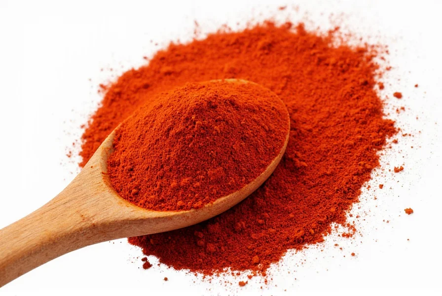 Close-up view of vibrant red paprika powder in a wooden spoon against rustic kitchen background