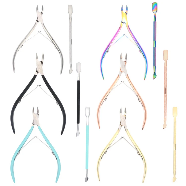 

2pcs Cuticle Trimmer Set Toenail Fingernails Nippers Nail Polish Remover Pusher Cutter for Women Ladies Finger Toe Manicure Tool, Gold, rose gold, rainbow, silver, black and mint green