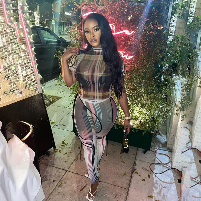 

2021 Hot Selling Sexy Perspective Fashion Stripe Print Skinny Casual Y2k Pants