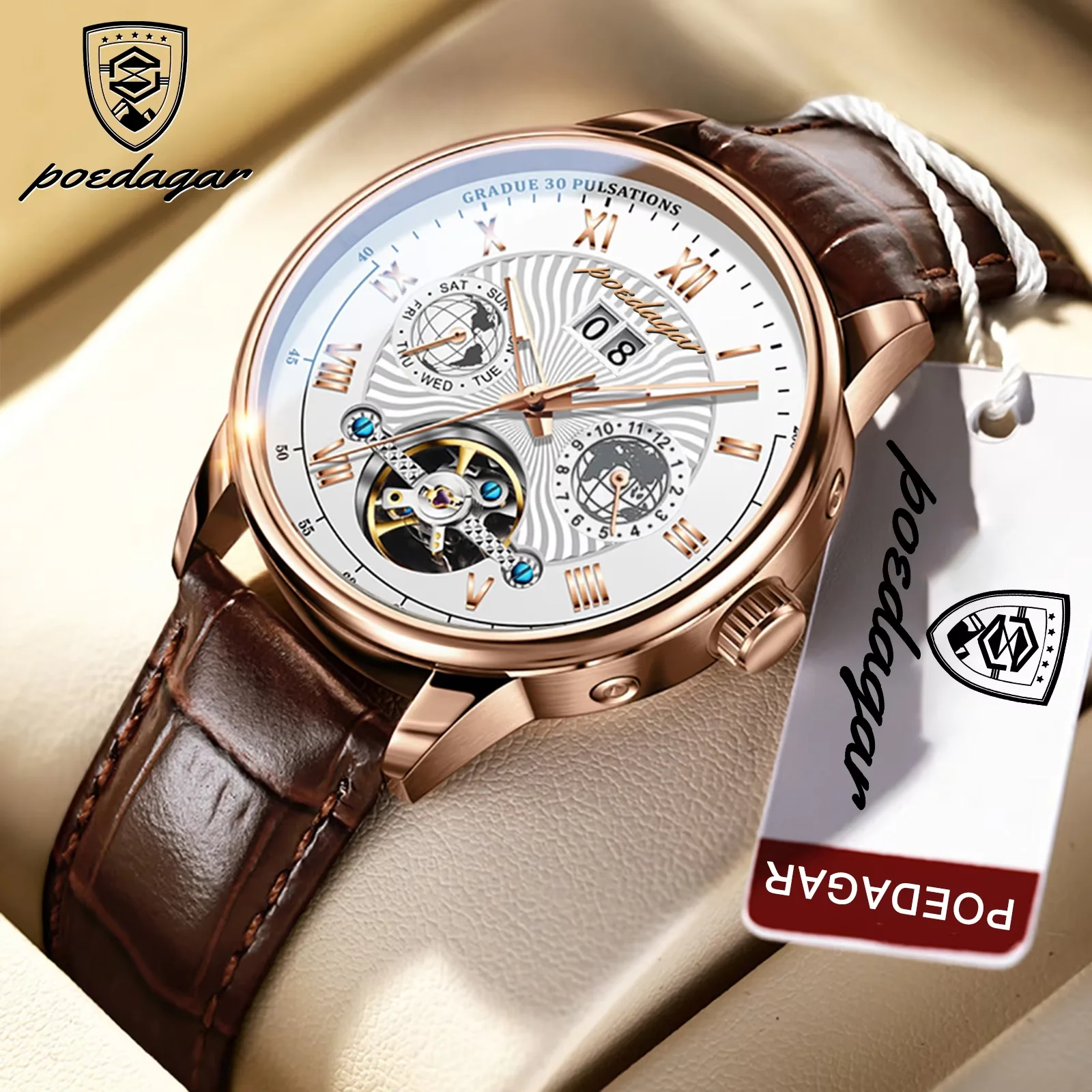 POEDAGAR Automatic Watch for Men Luxury Waterproof Chronograph Tourbillon Mechanical Watches Men's Leather Week Reloj Wristwatch