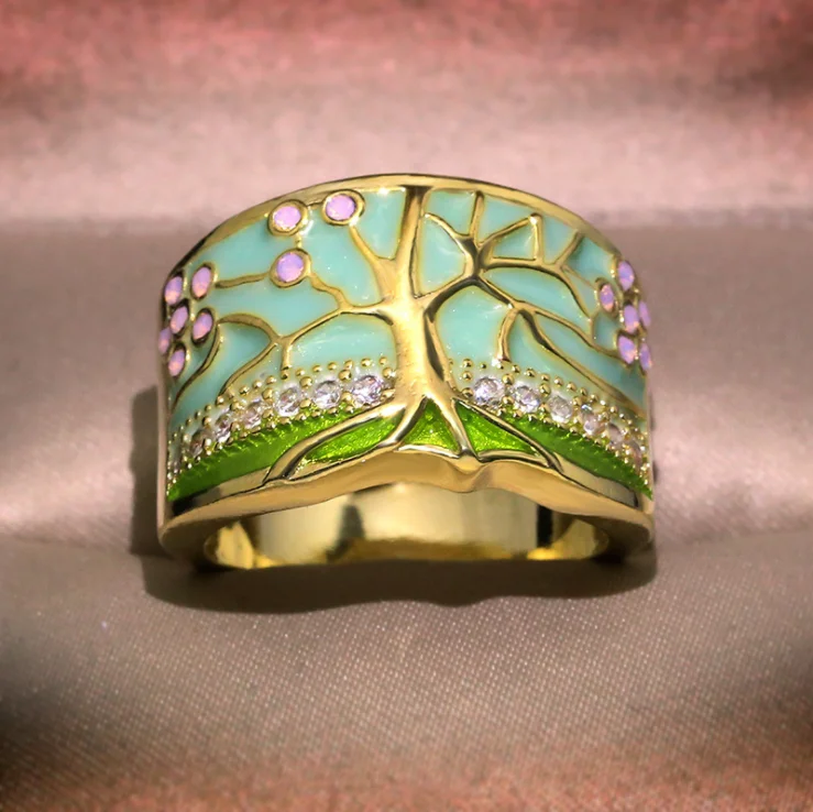 

Hot Sale Enamel Ring KYRA0877 Handmade Enamel Jewelry Women Tree and flower shape enamel Women's Rings, Gold