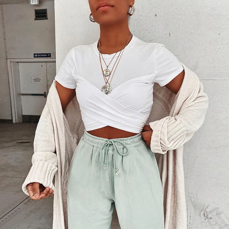 

White Sexy T Shirt Women Cross Bow Tie Back Short Sleeve Crop Tops Fashion Womens Clothes 2020 Summer