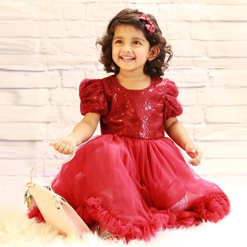 

LZH Infant 1st Birthday Party Dress Kids Bowknot Sequins Princess Dress for Baby Girl Red Dress