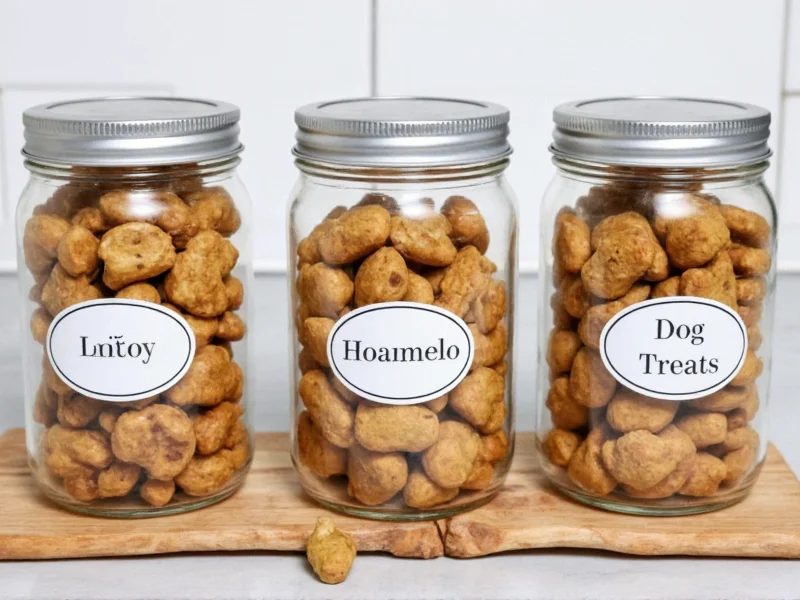 Homemade dog treats stored in glass containers with labels