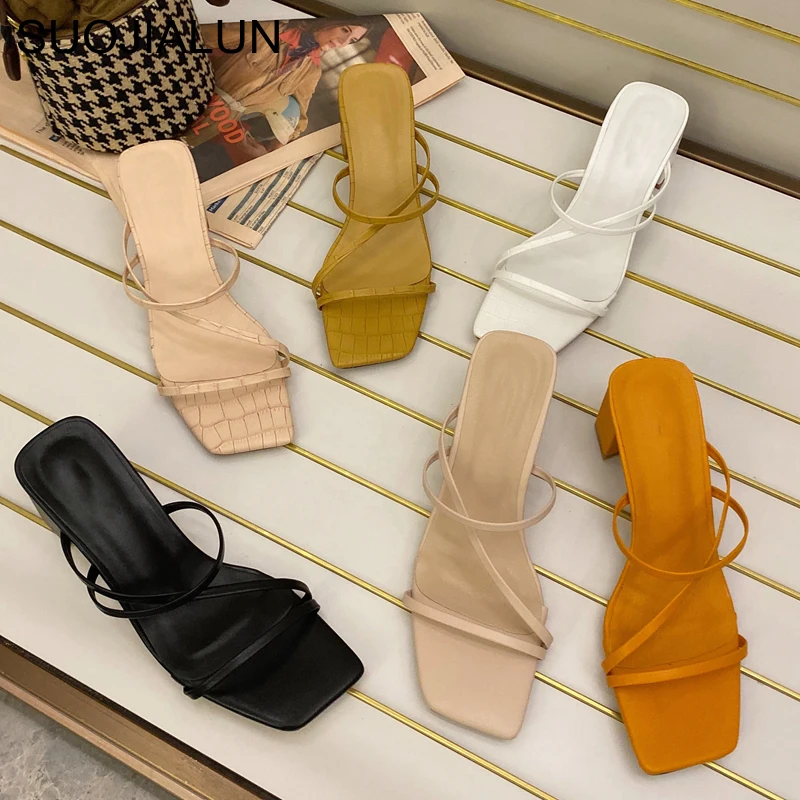 

2021 new fashion wear fairy style high-heeled shoes with thick heel and square toe and Roman women's shoes Slipper lady summer, As pic
