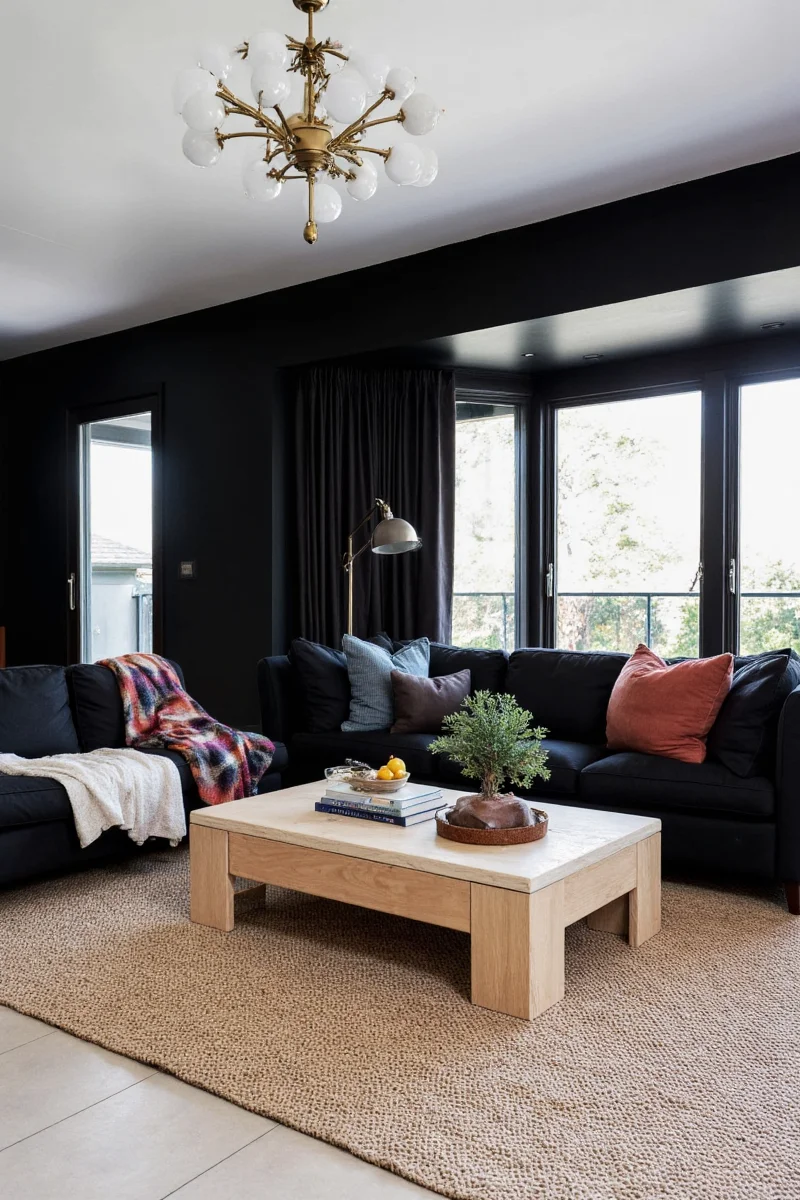 Black living room with layered lighting and metallic accents