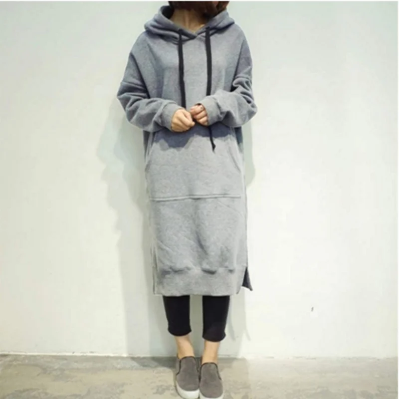 

Custom women knee length plain oversized long sleeve loose hoodie dress, Green, black, light grey, dark grey, burgundy, blue, coffee
