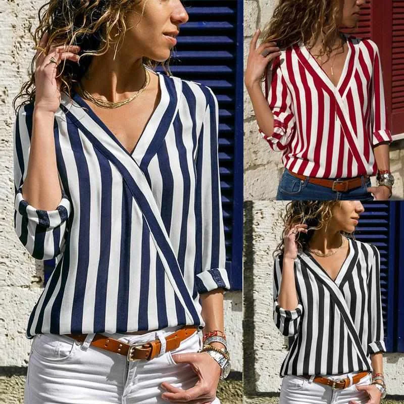 

Long Sleeve Shirt Hot Style Casual V-neck Striped Chiffon Ladies Top, Picture color