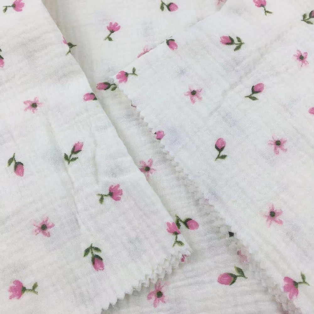 

French Popular Cotton Crinkle Double Layer Gauze Muslin Flora Printed Fabric for Lady's' Dresses & Skirts