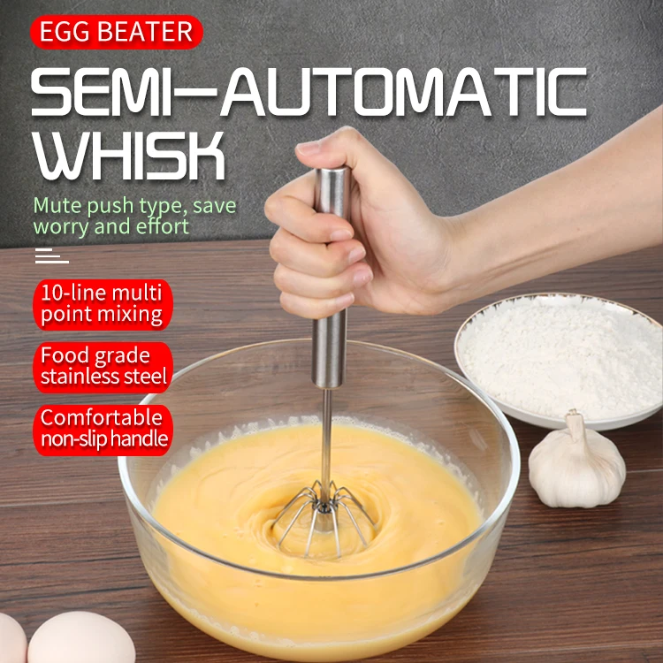 

metal whisk baking whisk mini egg-whisk stainless steel semi-automatic mixer egg beater manual push rotating wihsk, Silver