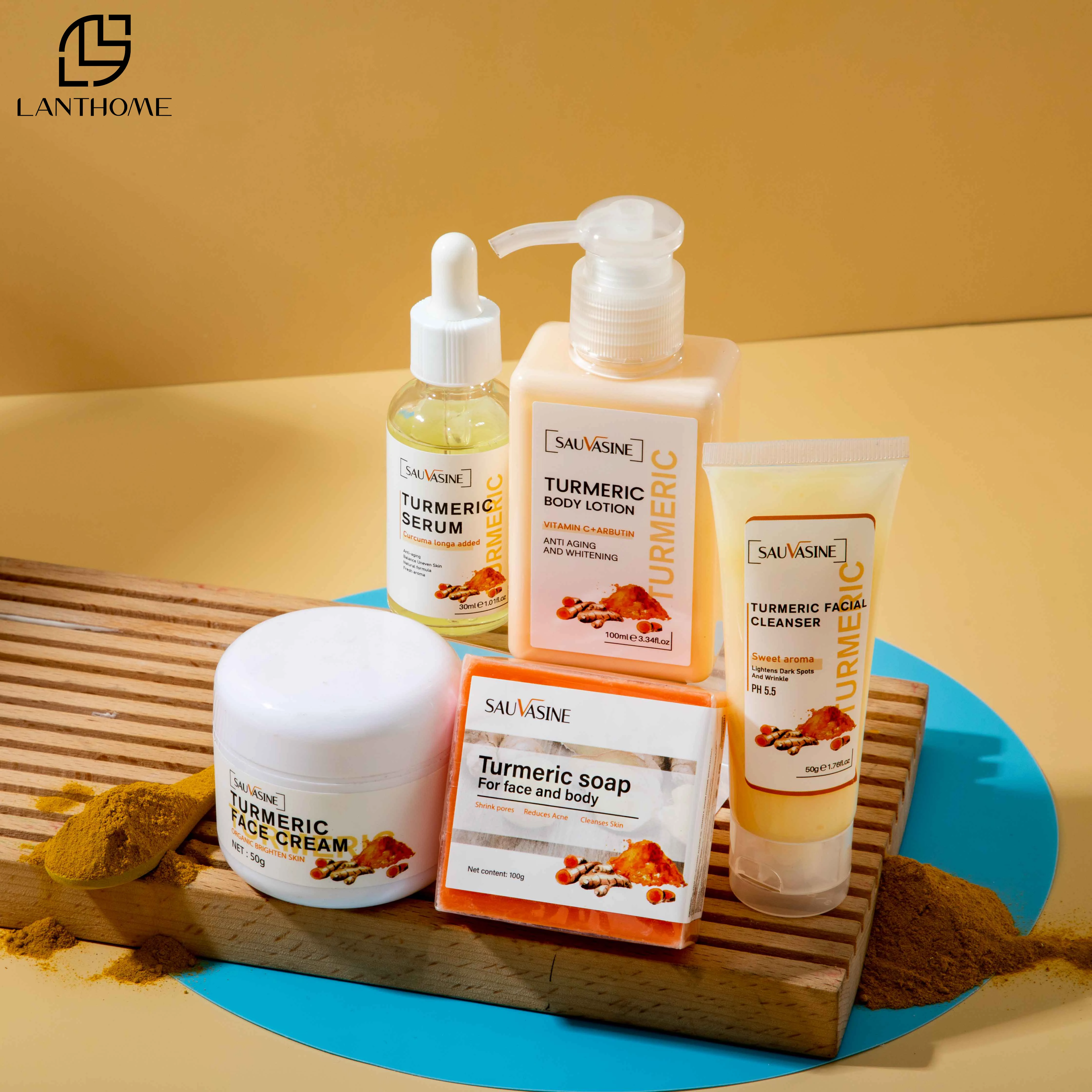 

High Cost Performance Matching Turmeric Skin Care 5-Piece Set Facial Cream Serum Cleanser Soap Lotion Skincare Turmeric Set