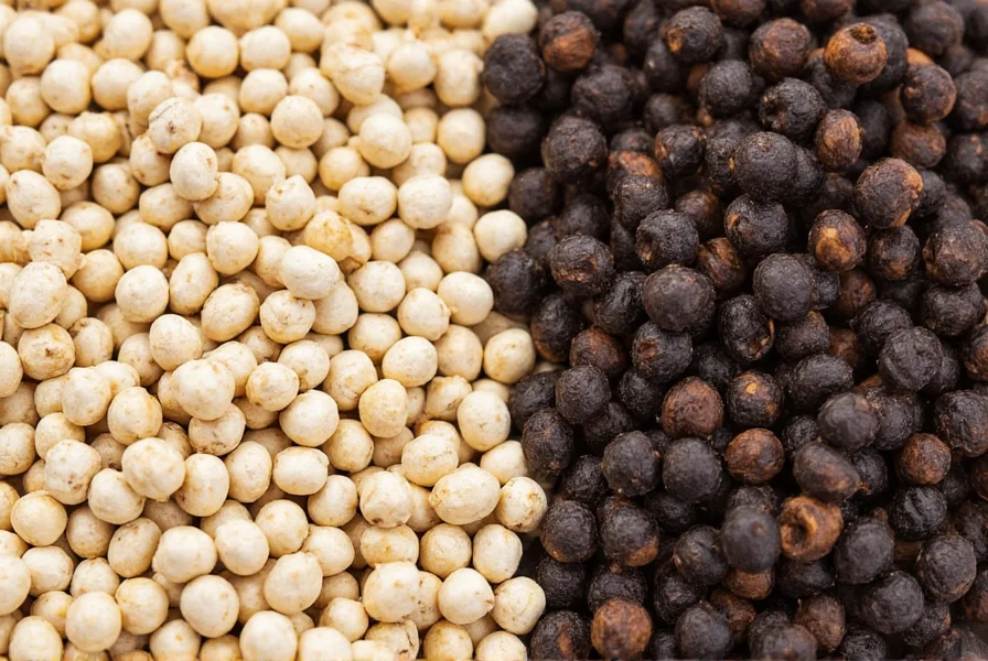 Close-up comparison of white pepper and black pepper grains showing texture and color differences