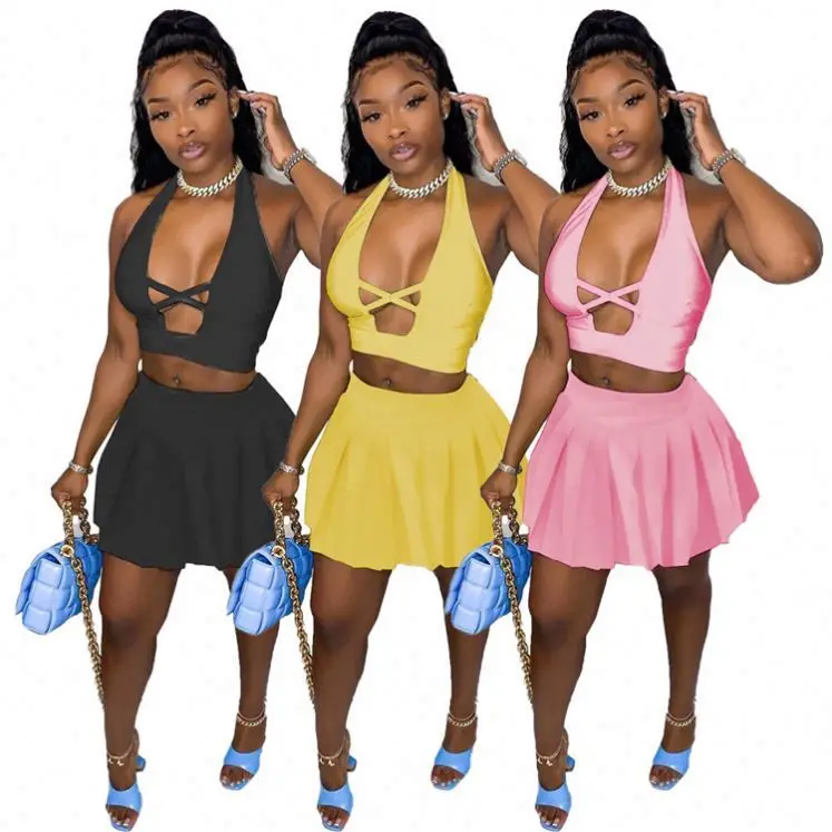 

OSINA Halter Sleeveless 2 Piece Skirt 2021 Women Clothes Summer Solid Color Sexy Ladies Two Piece Skirt Set