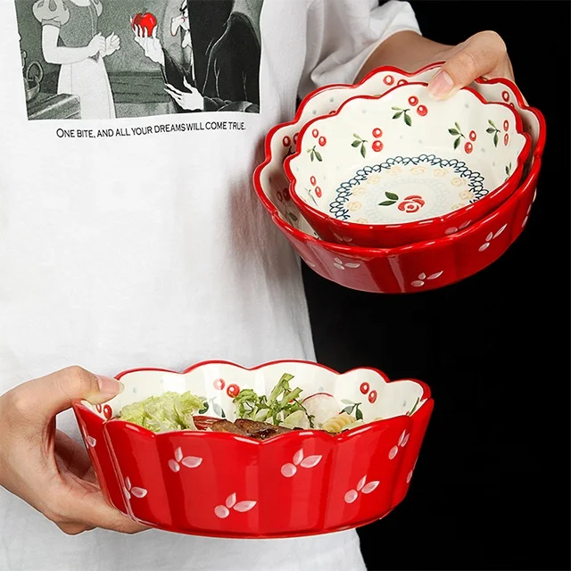 

Individual Cherry Patterned Tableware Ceramic Rice Bowl, Red