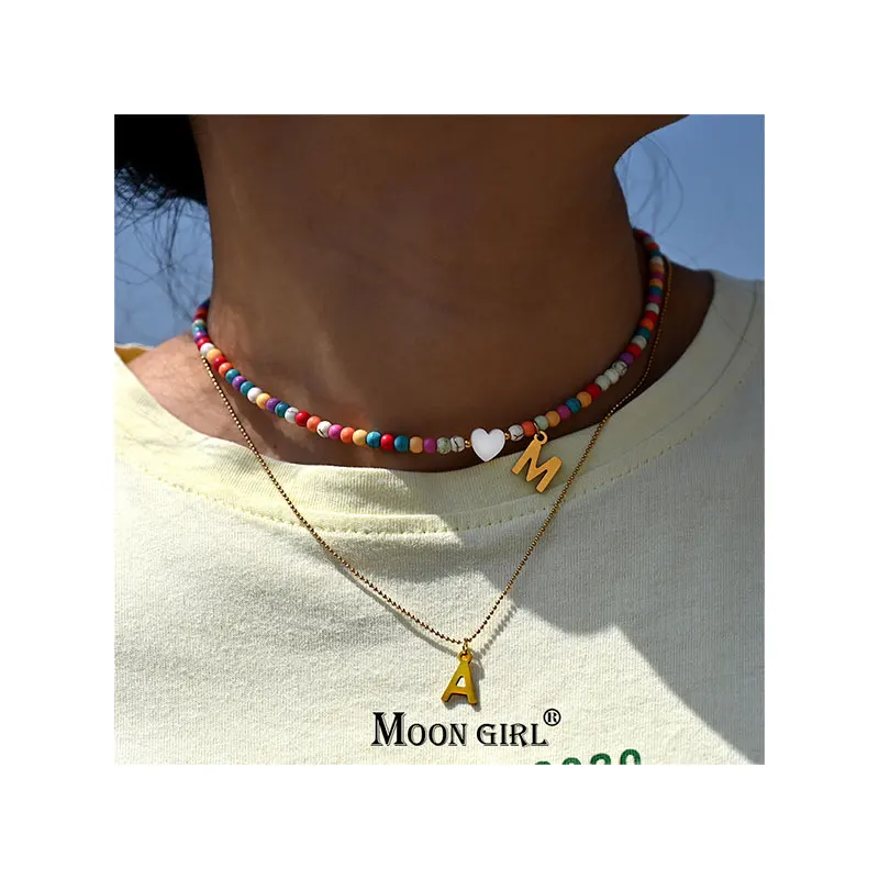 

Handmade Colorful Beads Initial Choker Necklace for Women Stainless Steel Letter Pendant Necklace Heart Shell Jewelry, As the option